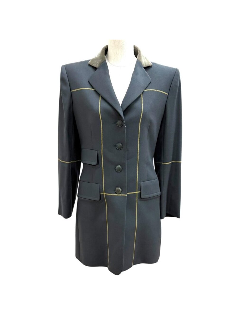 Hermes Vintage Wool 100% Logo Button Velour Long Jacket Charcoal Gray 38